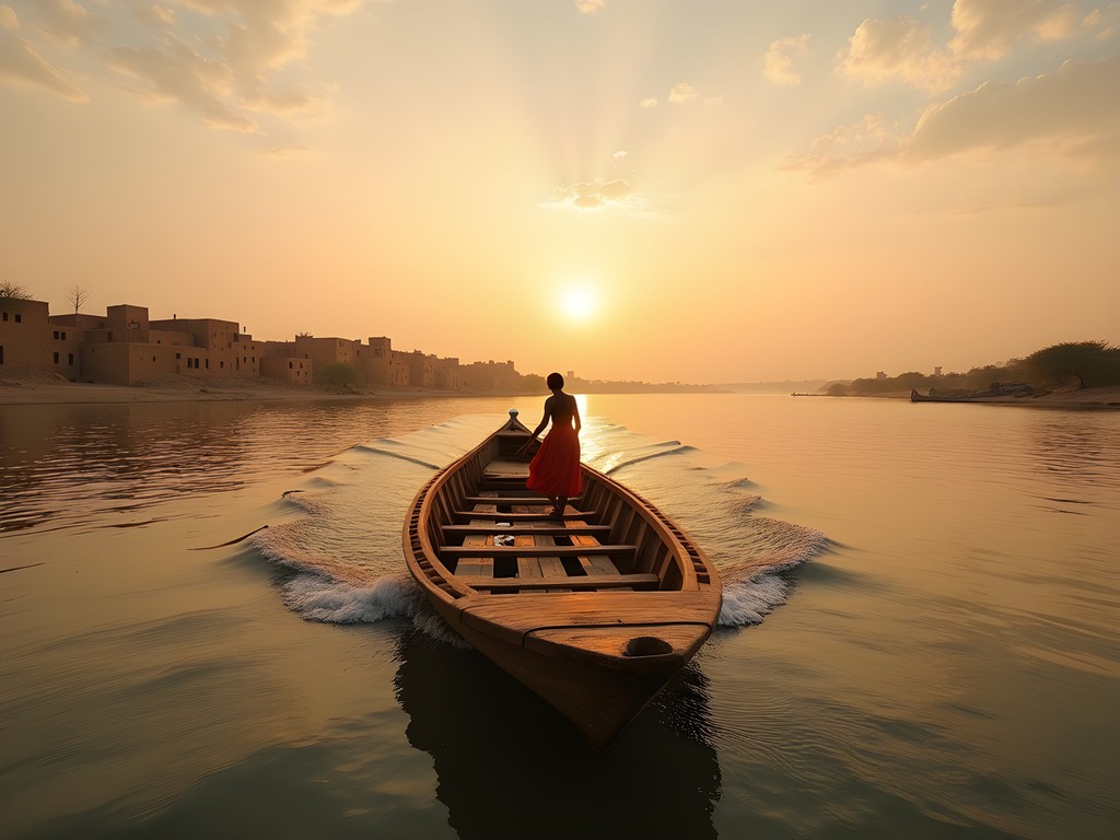 Traditional wooden pinasse boat approaching Timbuktu along the Niger River