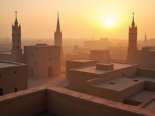 Sunrise view over Timbuktu's mud-brick architecture from hotel rooftop