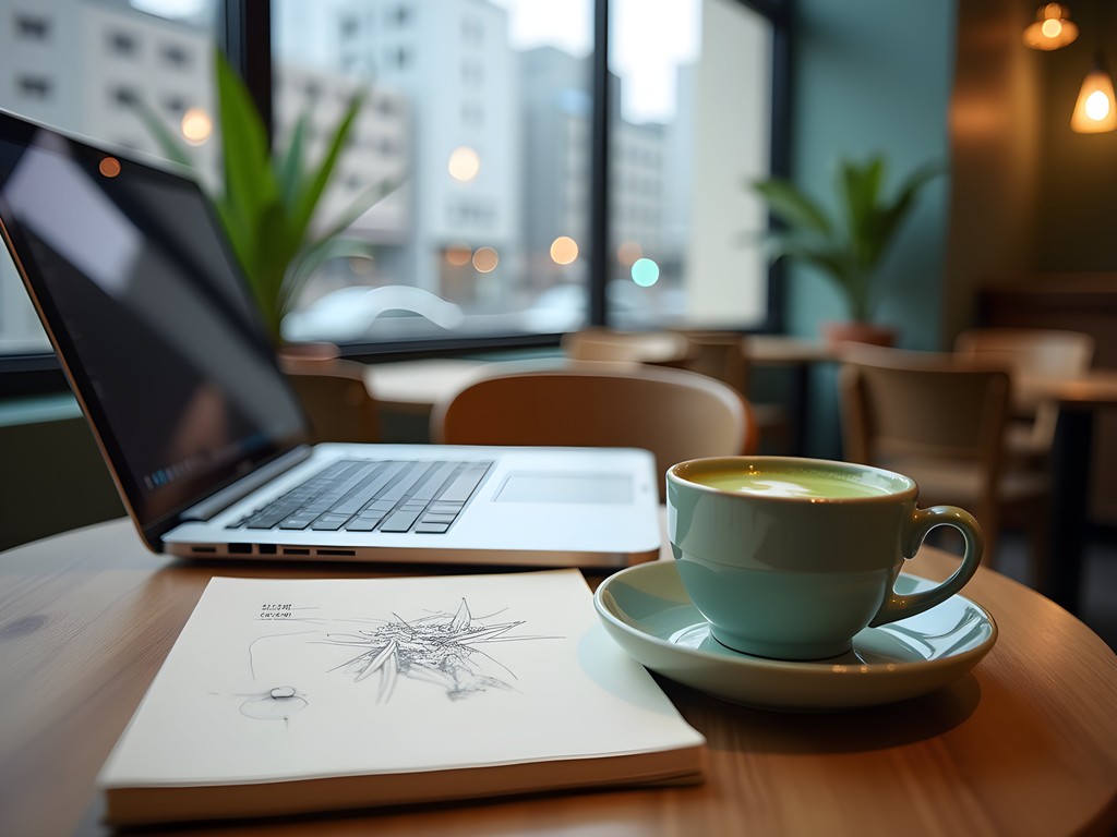 Cozy Tokyo café workspace with laptop and matcha latte