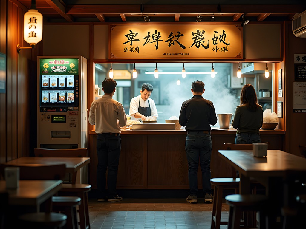 Solo dining experience at a Tokyo ramen restaurant with ticket machine and counter seating