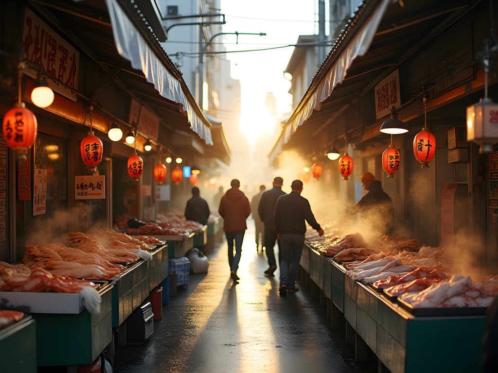 Early morning shopping at Tsukiji Outer Market food stalls