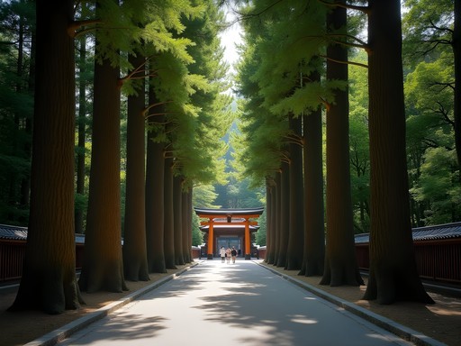 Peaceful forest path leading to Meiji Shrine in Tokyo with towering trees and stone pathway