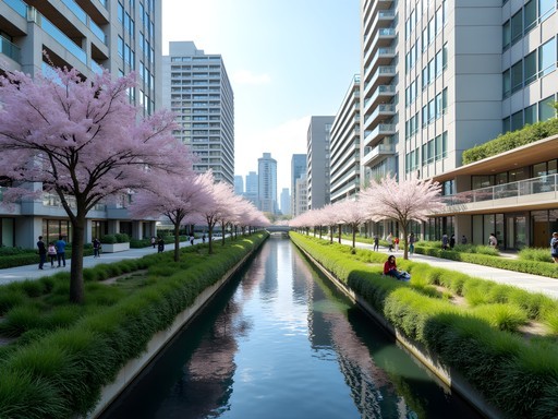 Green infrastructure along Meguro River showcasing sustainable urban design