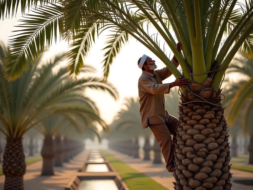 Local farmer demonstrating traditional date palm cultivation techniques in Tozeur oasis