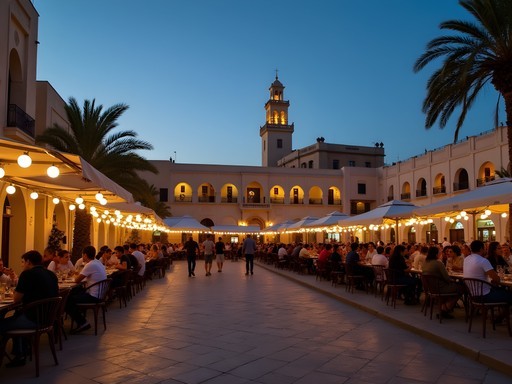 Evening atmosphere at Place Ibn Chabbat in Tozeur with locals and tourists enjoying the cooler temperatures