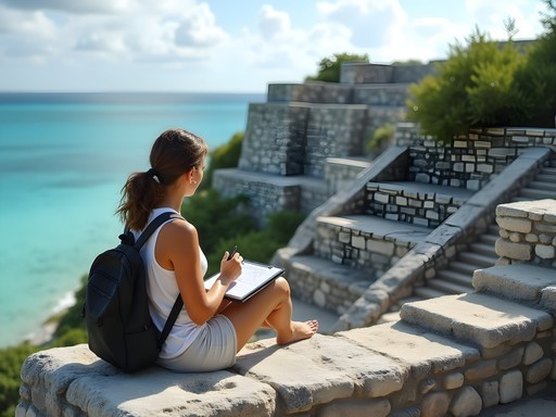 Female archaeologist sketching Maya ruins at Tulum archaeological site
