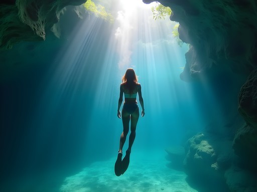 Solo female traveler swimming in crystal clear cenote near Tulum