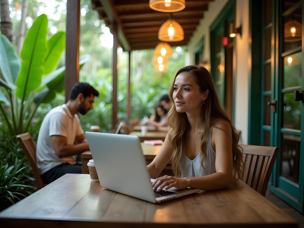 Woman working remotely at garden café in Tulum pueblo