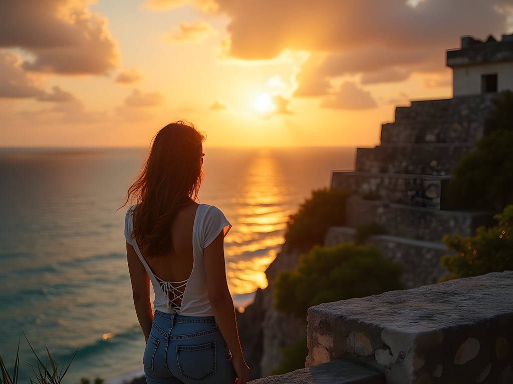 Solo female traveler watching sunrise at Tulum archaeological site