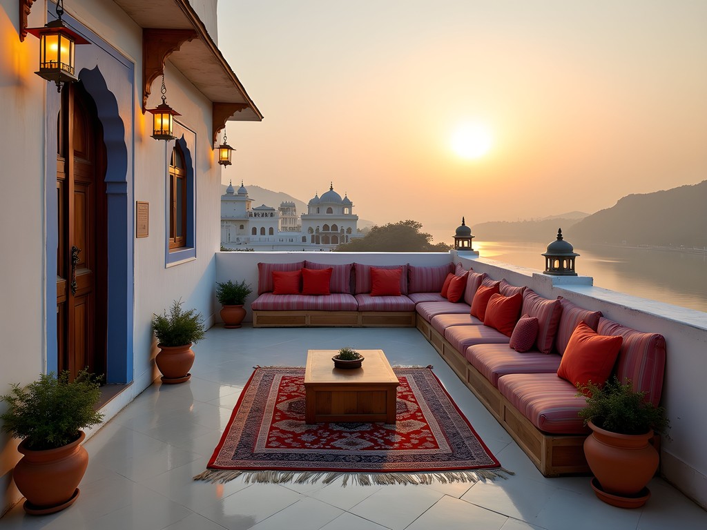 Traditional Rajasthani haveli rooftop with Lake Pichola views in Udaipur old city