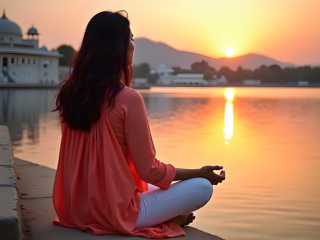 Solo female traveler watching sunset over Lake Pichola in Udaipur, Rajasthan