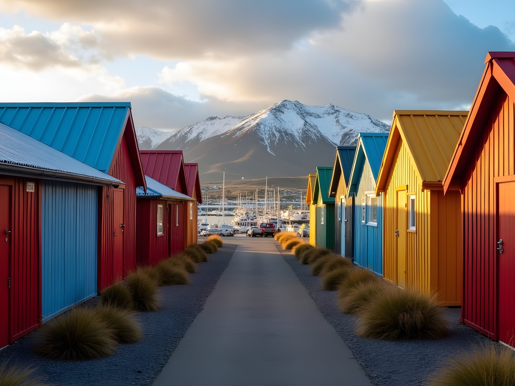 Colorful buildings of Ushuaia with harbor and mountains in background