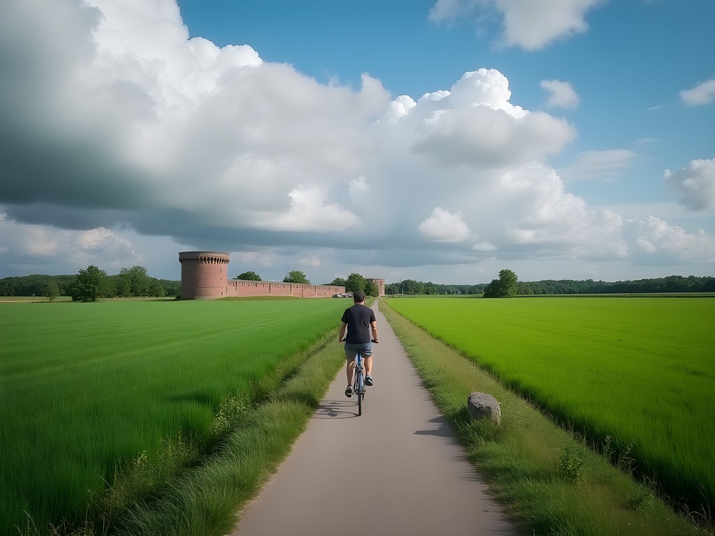 Solo cyclist on Dutch countryside path near Utrecht with historic waterline fortifications