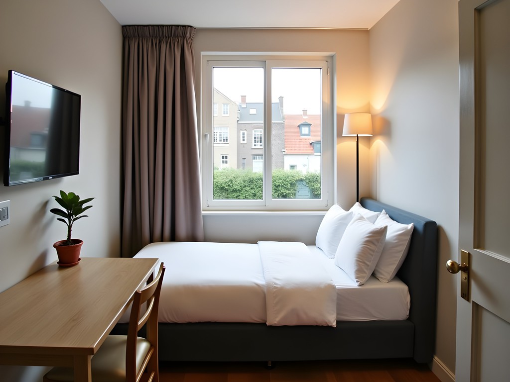 Cozy single room in Utrecht boutique guesthouse with canal view through window