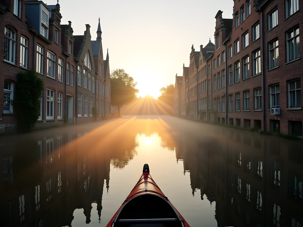 Solo kayaking on Utrecht's peaceful morning canals with medieval buildings reflecting in water