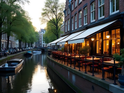 Solo traveler enjoying meal at canal-level restaurant in Utrecht with historic architecture above