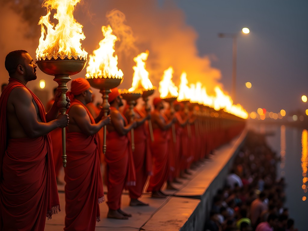 Atmospheric Ganga Aarti ceremony with priests performing rituals with fire and incense at Dashashwamedh Ghat