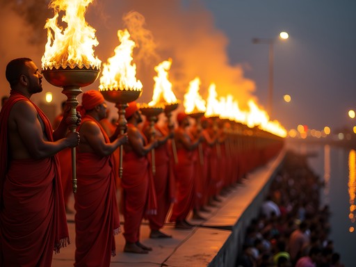 Atmospheric Ganga Aarti ceremony with priests performing rituals with fire and incense at Dashashwamedh Ghat