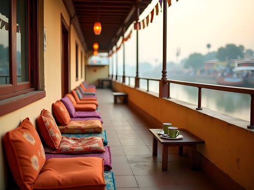 Peaceful guesthouse balcony overlooking the Ganges River in Varanasi