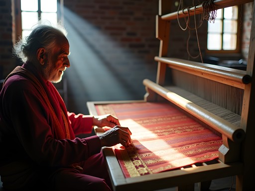 Master weaver working on traditional Banarasi silk saree on wooden handloom in Varanasi workshop