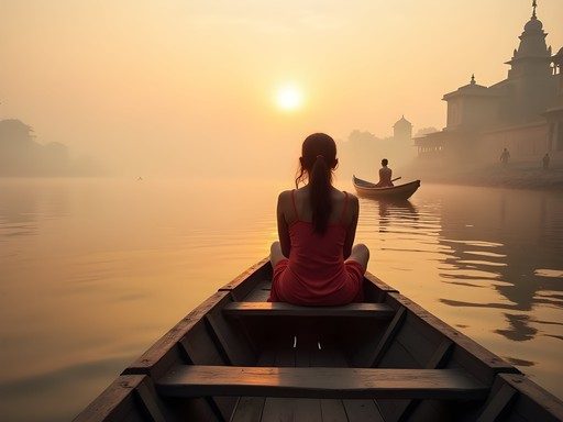 Solo female traveler observing sunrise from wooden boat on the Ganges River in Varanasi