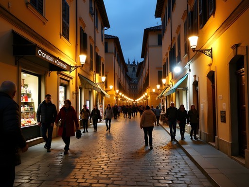 Well-lit evening street scene in Verona's historic center with locals and visitors