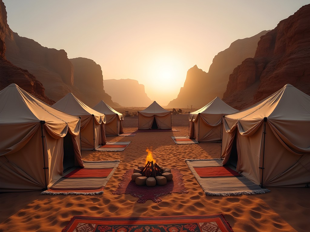 Traditional Bedouin camp at sunset in Wadi Rum with mountains in background