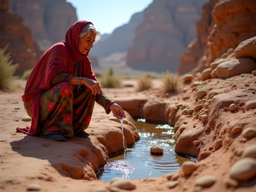 Bedouin woman demonstrating traditional water harvesting technique in rocky desert landscape