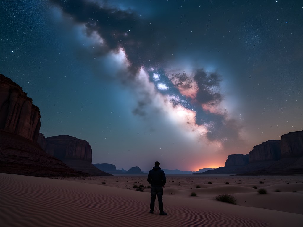 Spectacular Milky Way over Wadi Rum desert landscape with silhouetted rock formations