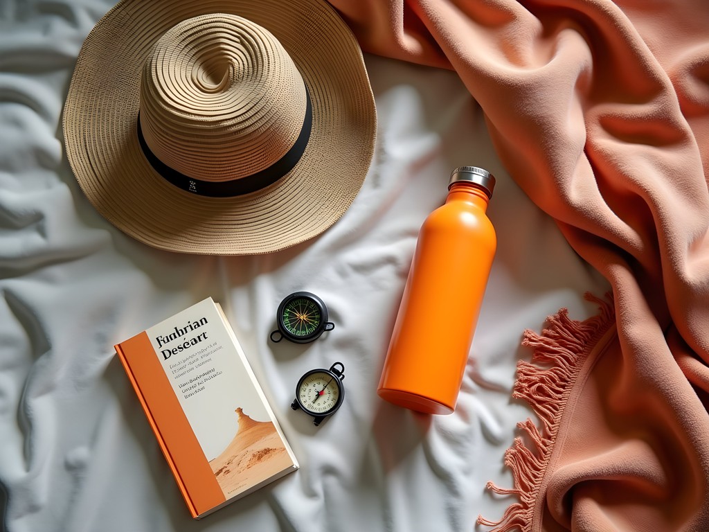 Desert travel essentials laid out on bed with Wadi Rum guidebook