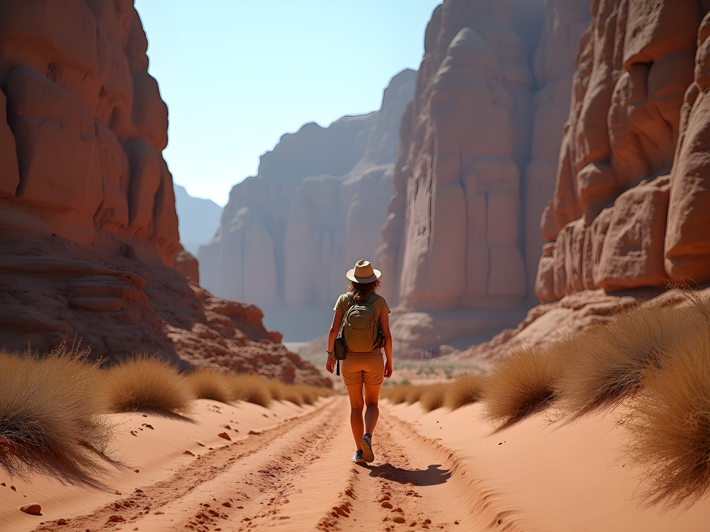 Woman trekking alone among massive red sandstone formations in Wadi Rum