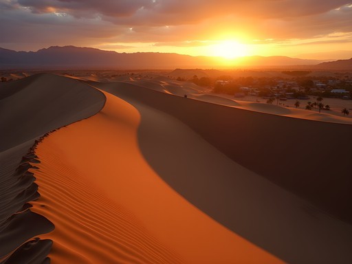 Sunset over massive sand dunes surrounding the Huacachina oasis in Peru