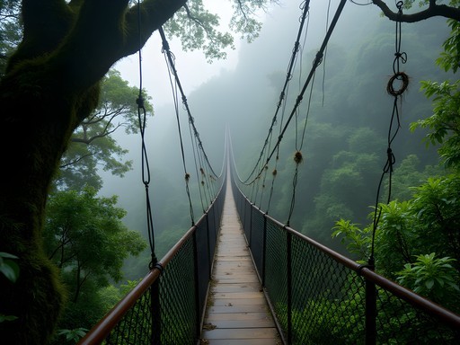 Hanging bridge through misty Monteverde Cloud Forest canopy in Costa Rica