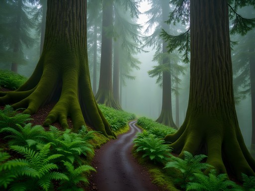 Misty trail through moss-covered trees in Hoh Rain Forest, Olympic National Park