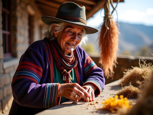 Traditional Andean weaver demonstrating natural dyeing techniques in Chinchero, Peru