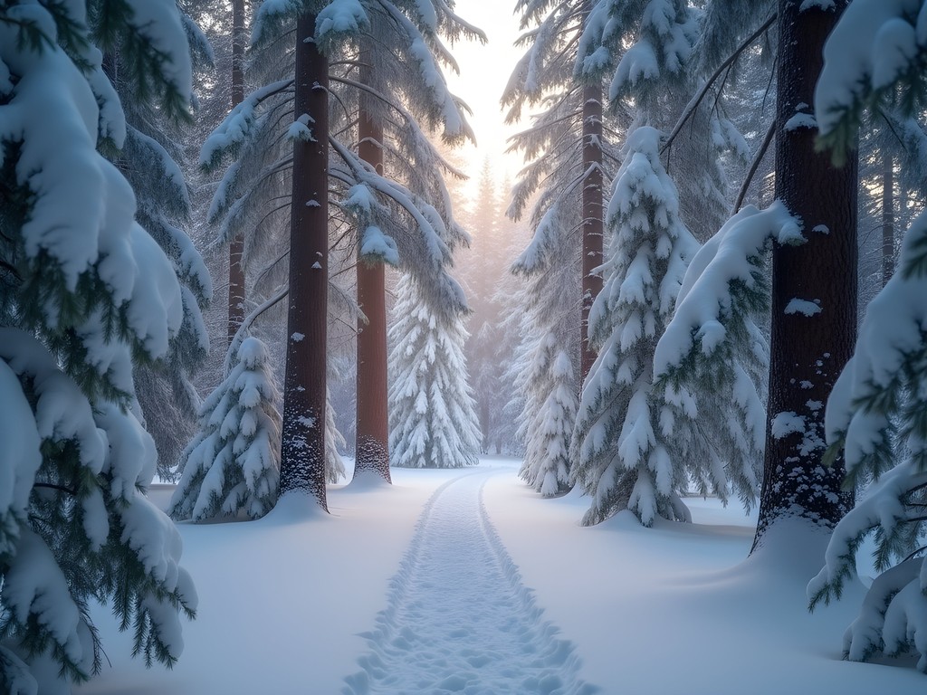 Ancient cedar forest snowshoe trail in Whistler backcountry with snow-laden branches