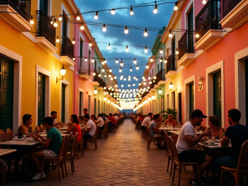 Evening scene in Pietermaai District with string lights illuminating colorful historic buildings and outdoor dining