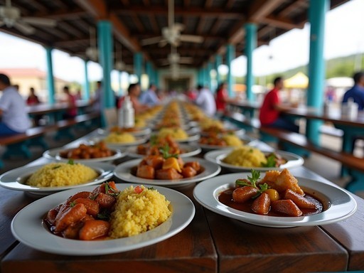 Local food stalls at Plasa Bieu market in Willemstad with traditional Curaçaoan dishes