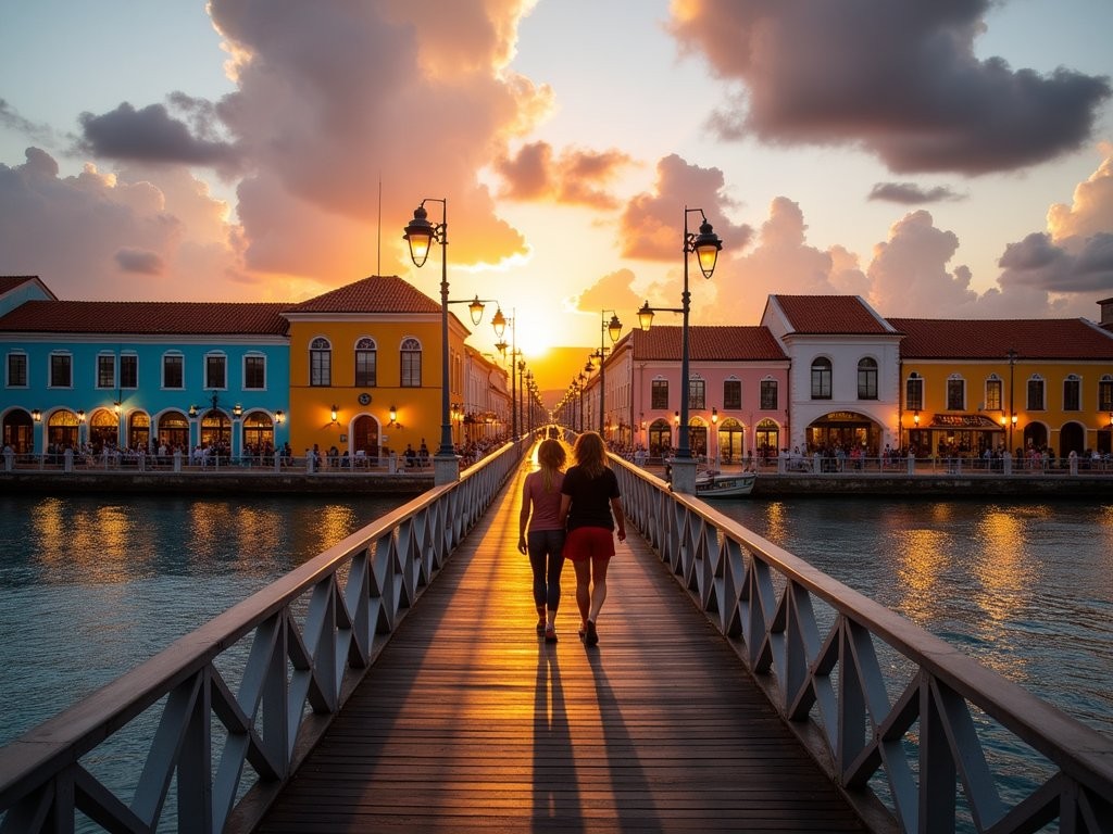 The Queen Emma floating bridge connecting Punda and Otrobanda districts in Willemstad at sunset
