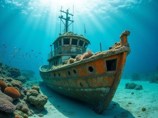 Underwater view of the sunken tugboat reef at Tugboat Beach in Curaçao with colorful fish and coral