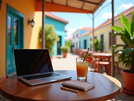 Outdoor workspace at a café in Pietermaai District, Willemstad with laptop and coffee