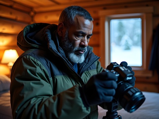 Forest ranger preparing aurora viewing gear in winter conditions