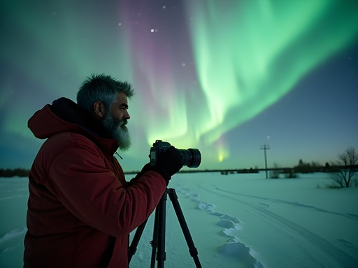 Senior man photographing Northern Lights in Yellowknife wilderness