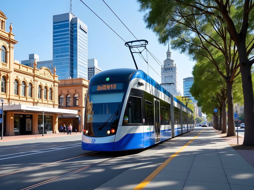 Adelaide's free city tram passing by Elder Park with the River Torrens in background