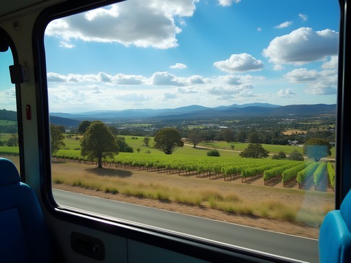 Scenic view of Adelaide Hills from public bus window showing vineyards and rolling hills