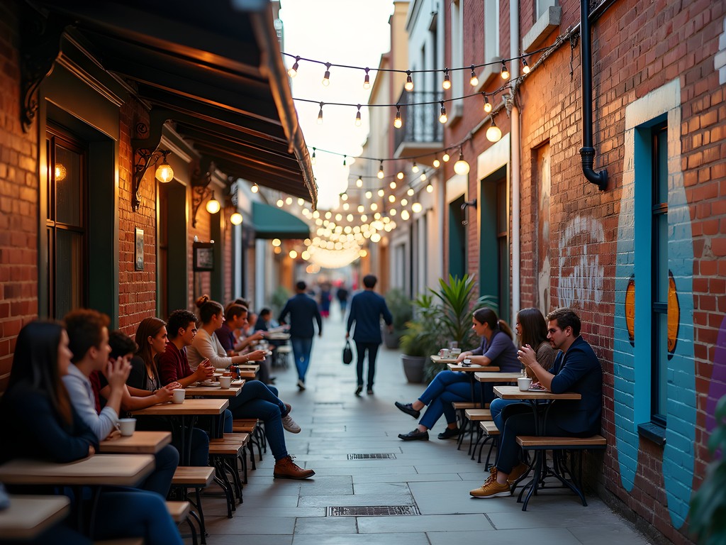 Vibrant laneway in Adelaide CBD with street art, café seating, and pedestrians