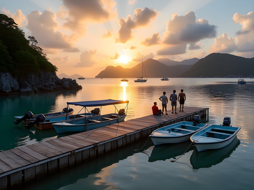 Early morning at Airai State Dock with boats preparing for departure to Rock Islands