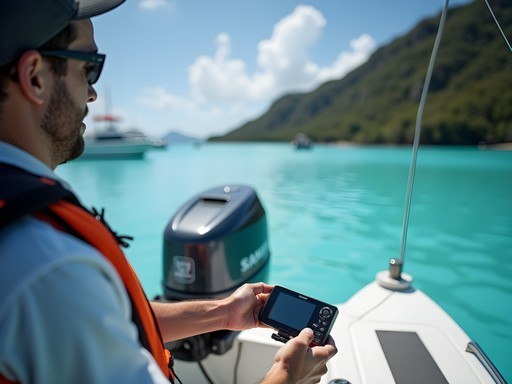 Traveler inspecting rental boat equipment at Airai marina before Rock Islands excursion