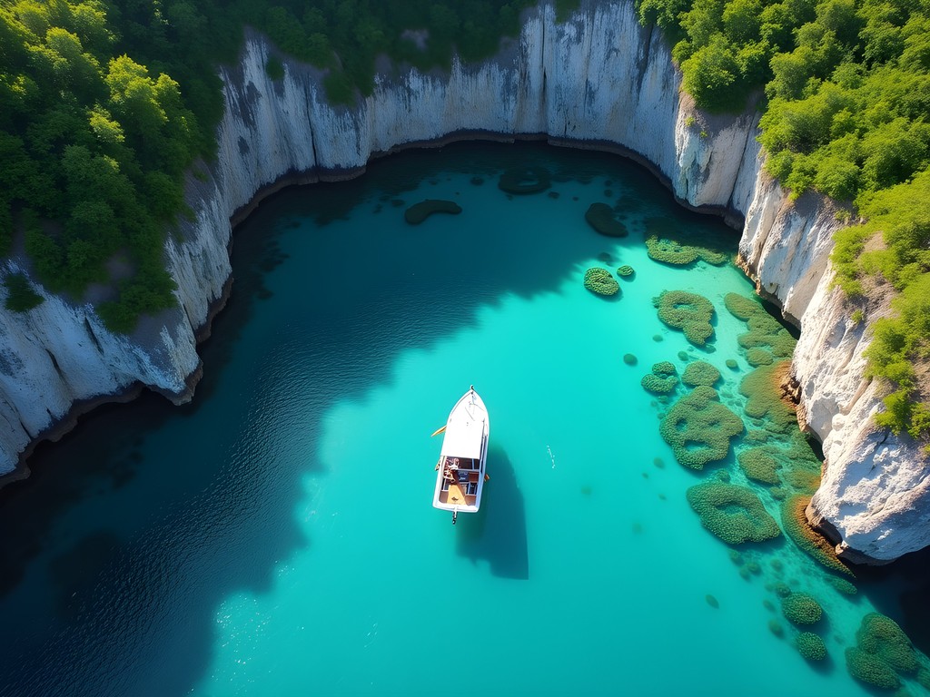 Secret turquoise lagoon surrounded by limestone cliffs in Palau's Rock Islands