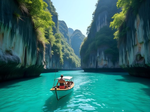 Boat navigating through narrow limestone passages in Palau's Rock Islands